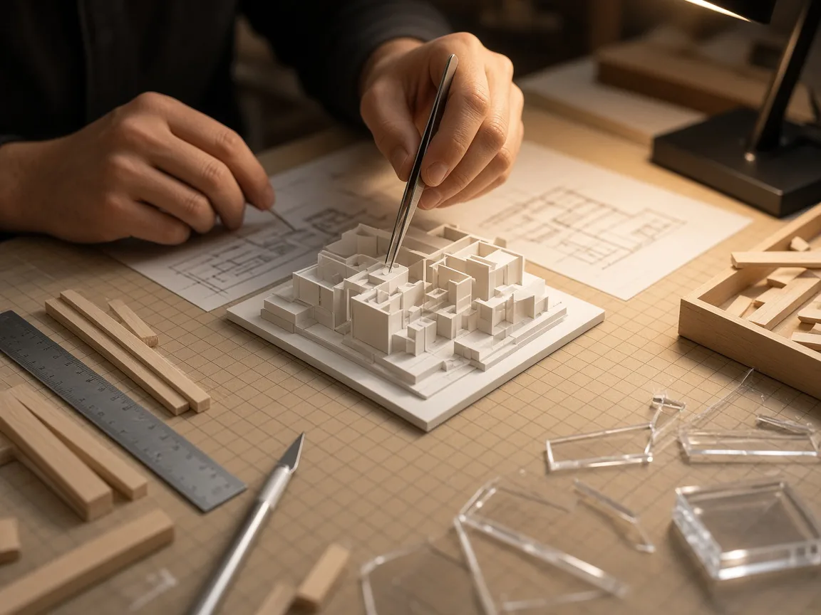 Model maker assembling a white architectural scale model with tweezers beside architectural drawings and laser-cut acrylic parts