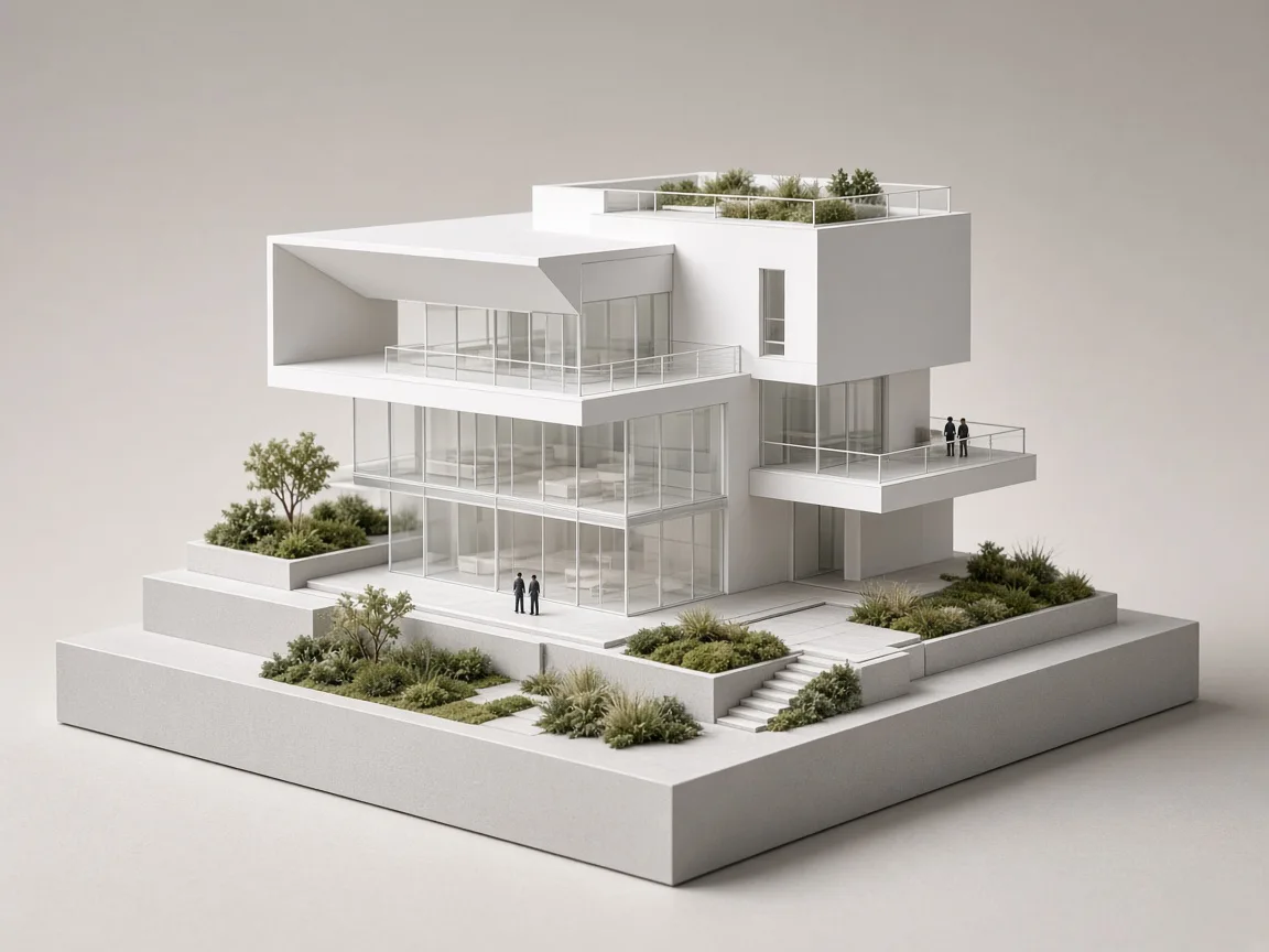 White architectural scale model of a modern villa with glass facade and landscaped terraces