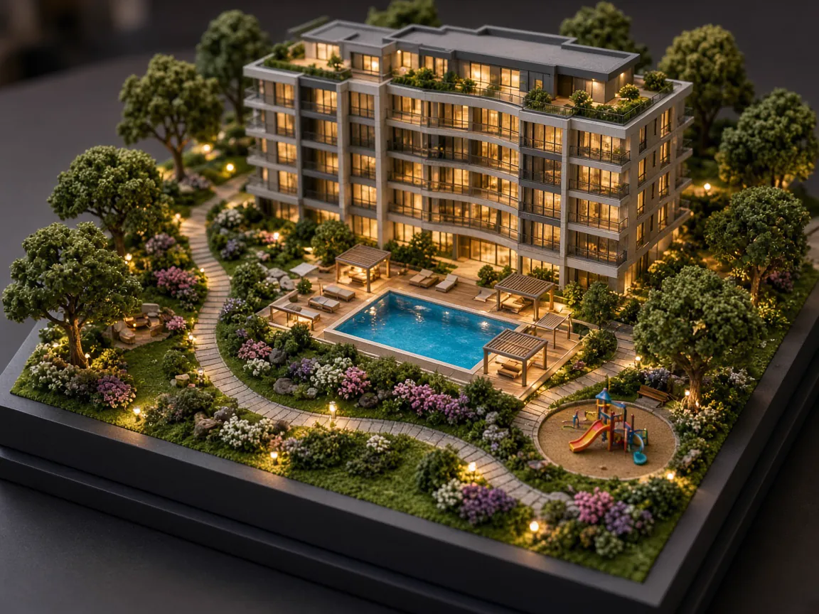 Residential building model with pool deck, pergolas, flowering gardens and play area lit for evening
