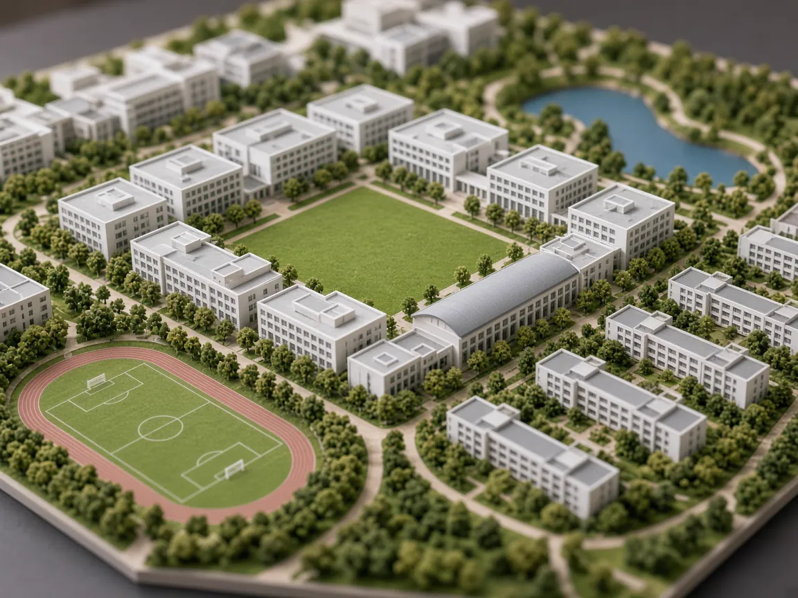 University campus planning model with academic blocks, central green, sports track and lake