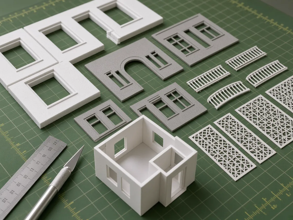 Laser-cut foam board walls, grey card facades and paper railings on a cutting mat