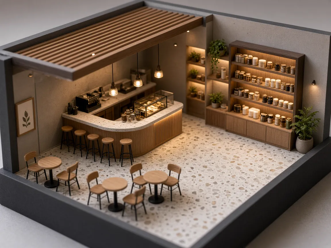 Open-top cafe and retail interior model with counter, stools, tables and lit shelving