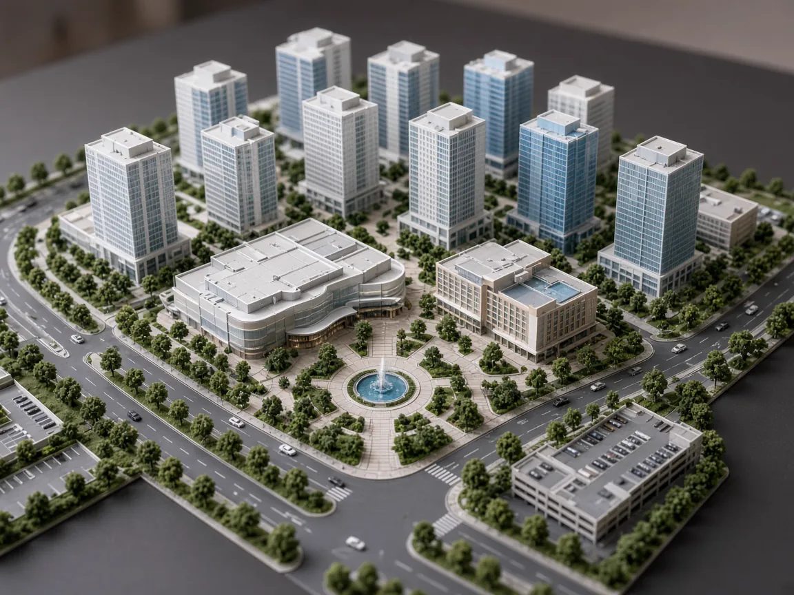 Commercial master plan model with office towers, mall, hotel, central plaza and boulevards