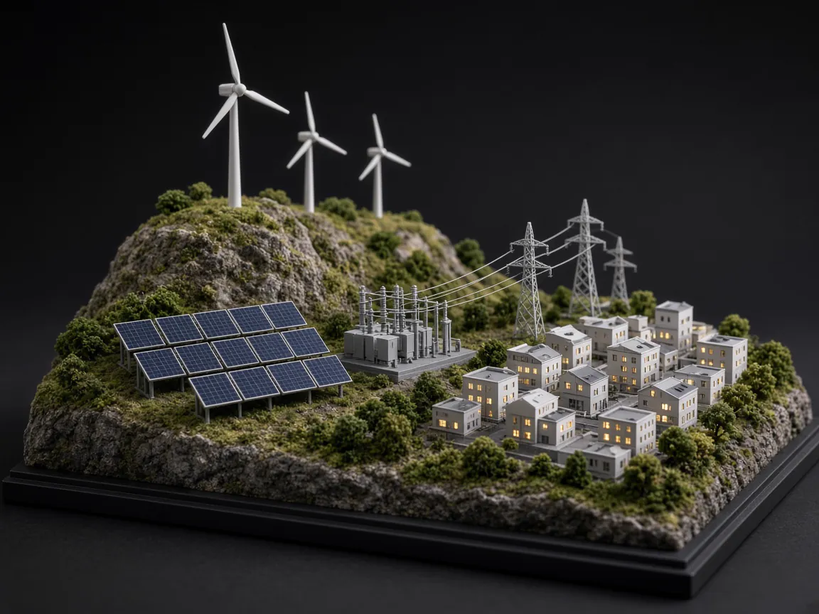 Renewable energy demonstration model with wind turbines, solar panels, substation and a lit town