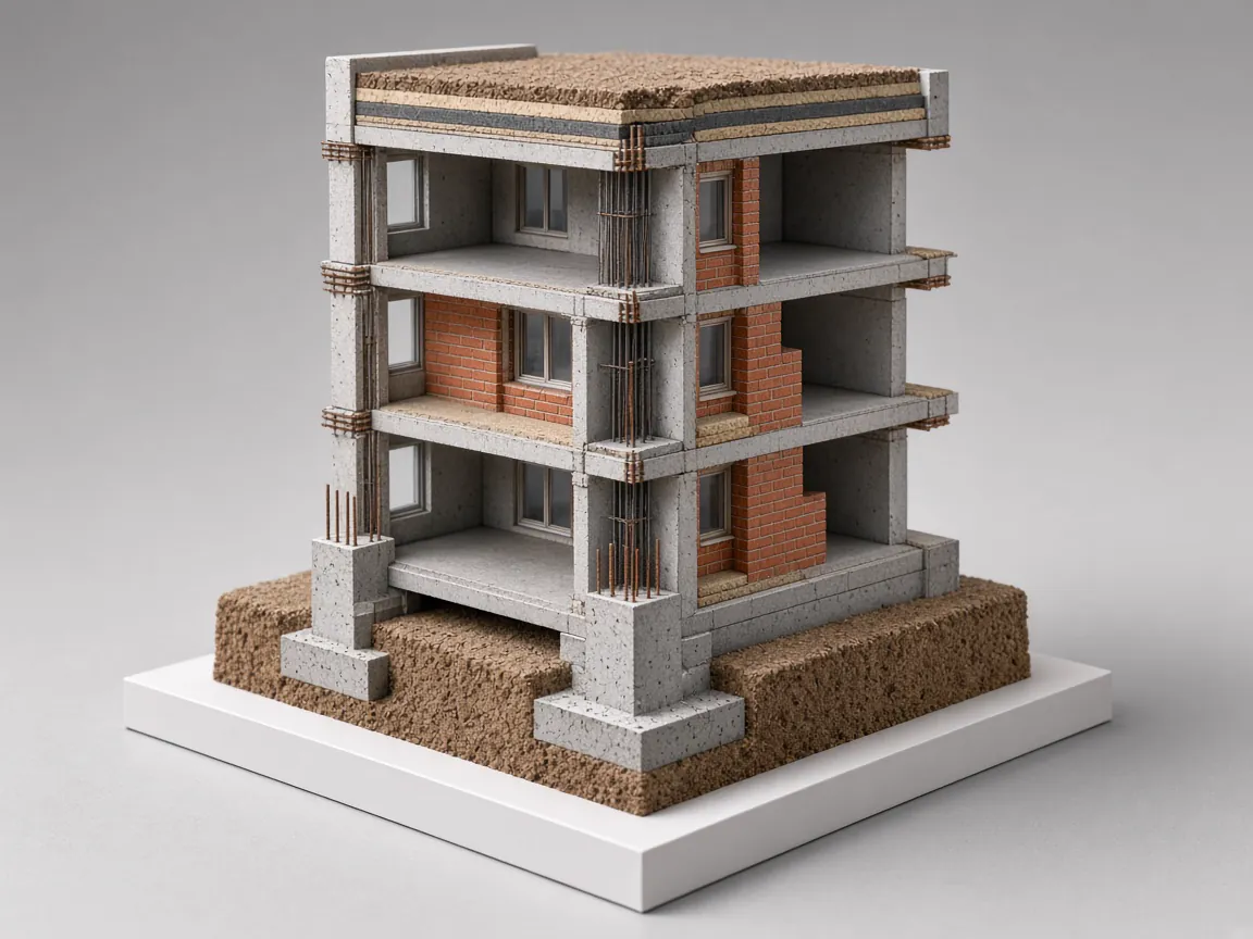 Sectional construction model showing footings, reinforced columns, slabs, brick walls and roof layers