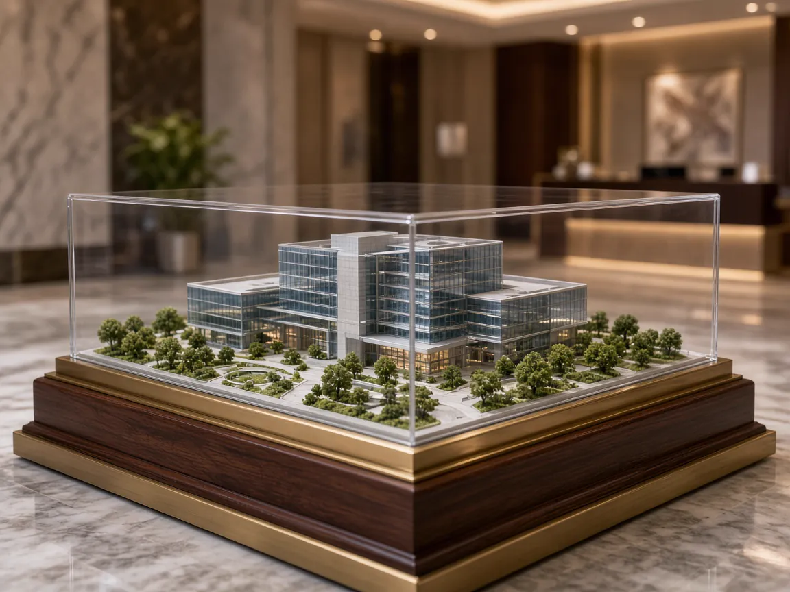 Corporate headquarters model under an acrylic cover on a wood and brass plinth in a lobby