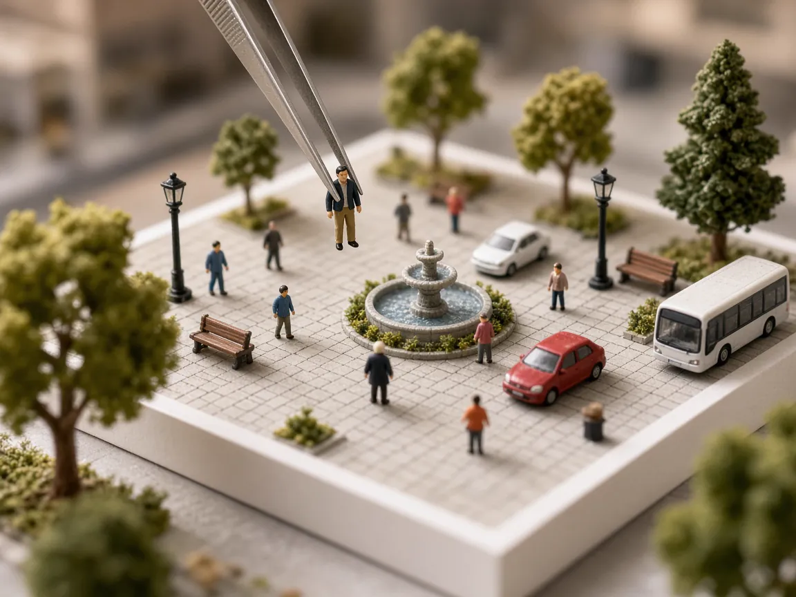 Miniature human figures, cars, bus, lamps, benches and fountain on a model plaza