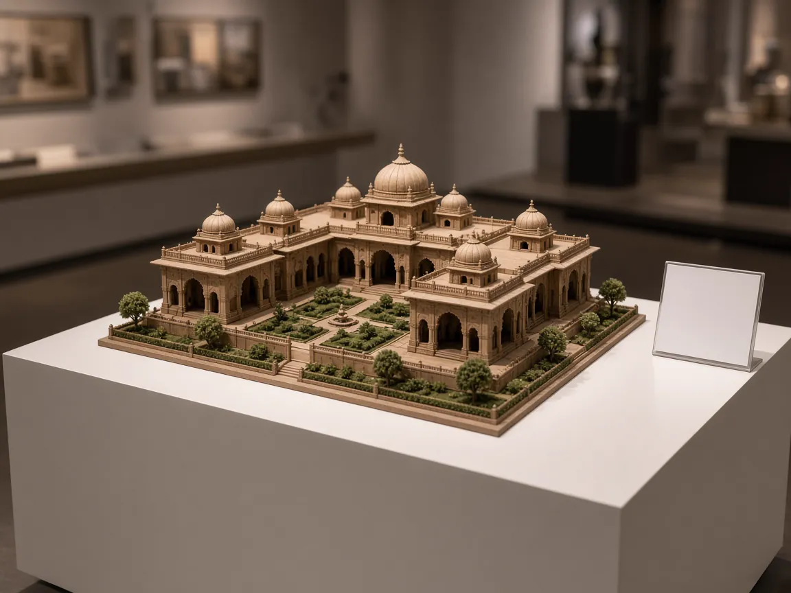 Heritage palace model with domes and courtyard garden on a museum plinth