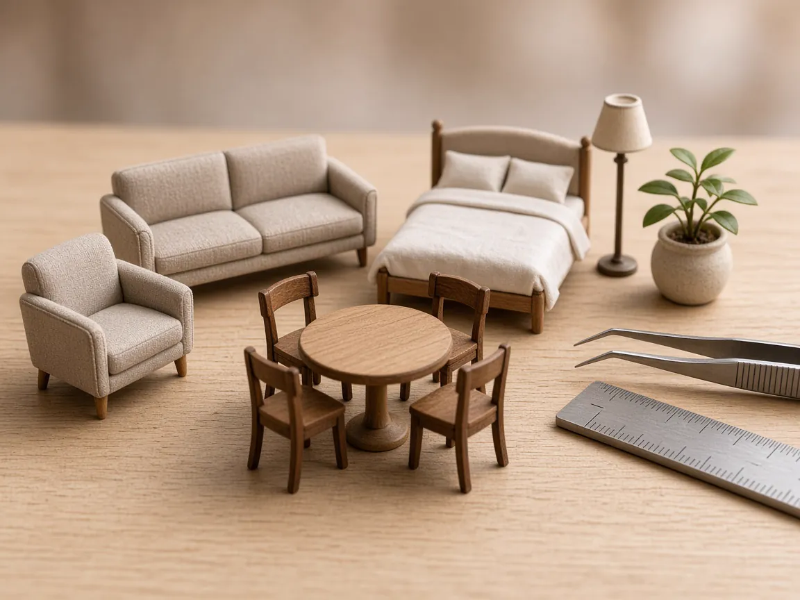 Miniature scale furniture - sofa, armchair, bed, dining set and lamp - with tweezers and ruler