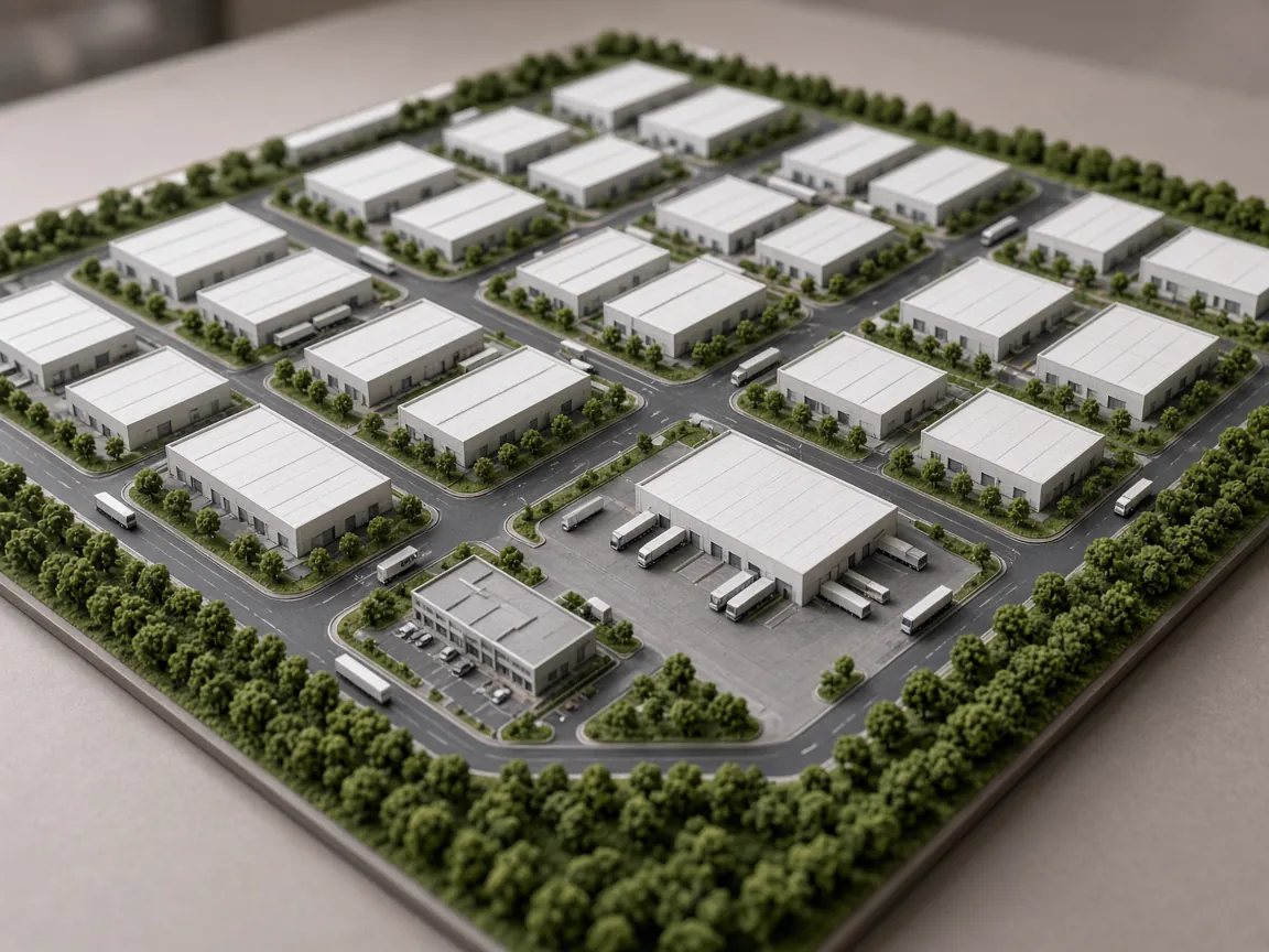 Industrial area model with rows of factory sheds, truck roads, logistics yard and green buffers
