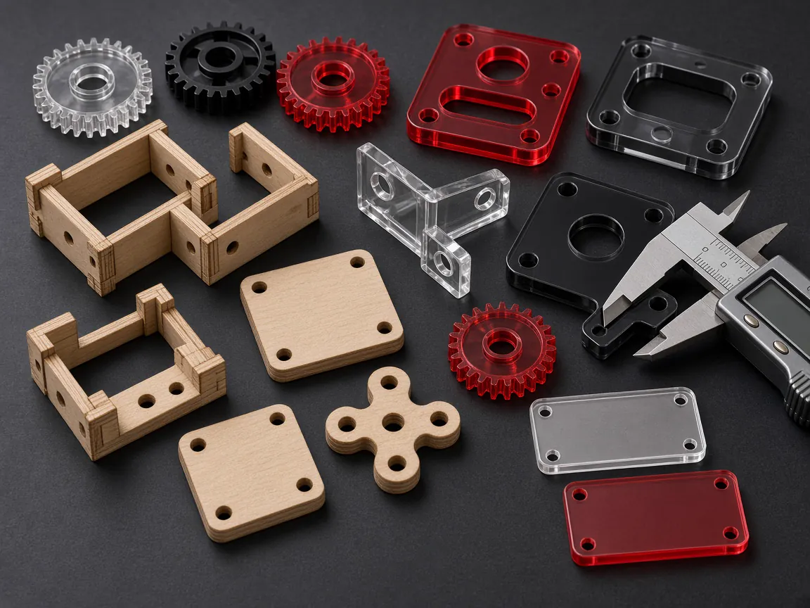 Laser-cut acrylic gears and brackets and birch plywood components measured with a digital caliper
