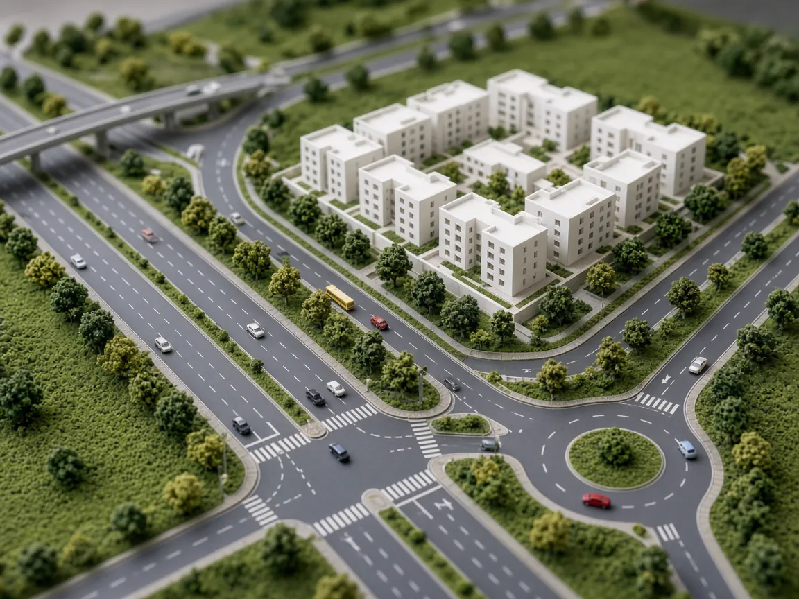 Site model showing arterial road, junction with crossings, roundabout and flyover around a project
