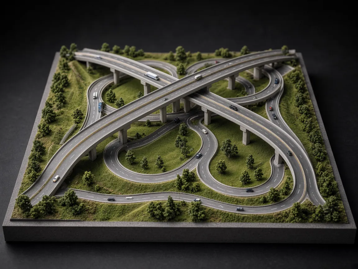 Highway interchange scale model with elevated flyovers, ramps, vehicles and landscaped islands