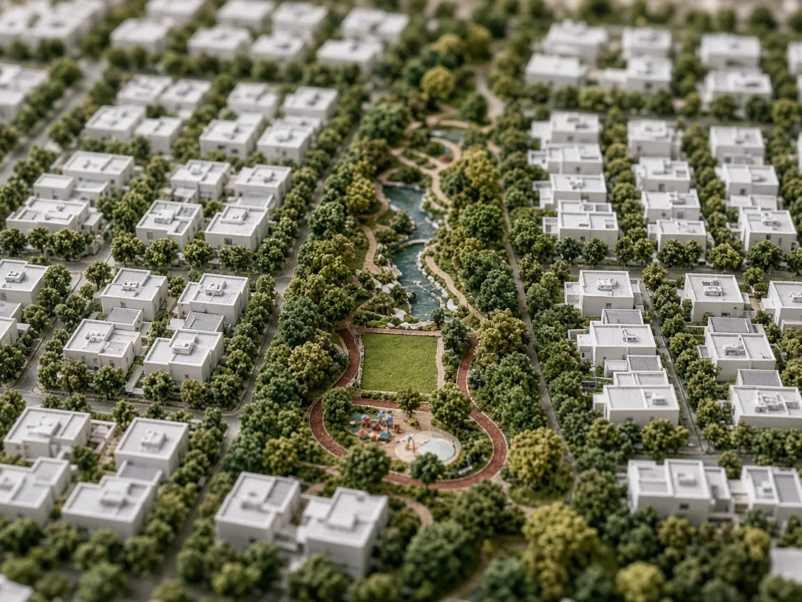 Township landscape model with a central park, water channel and play area between white houses