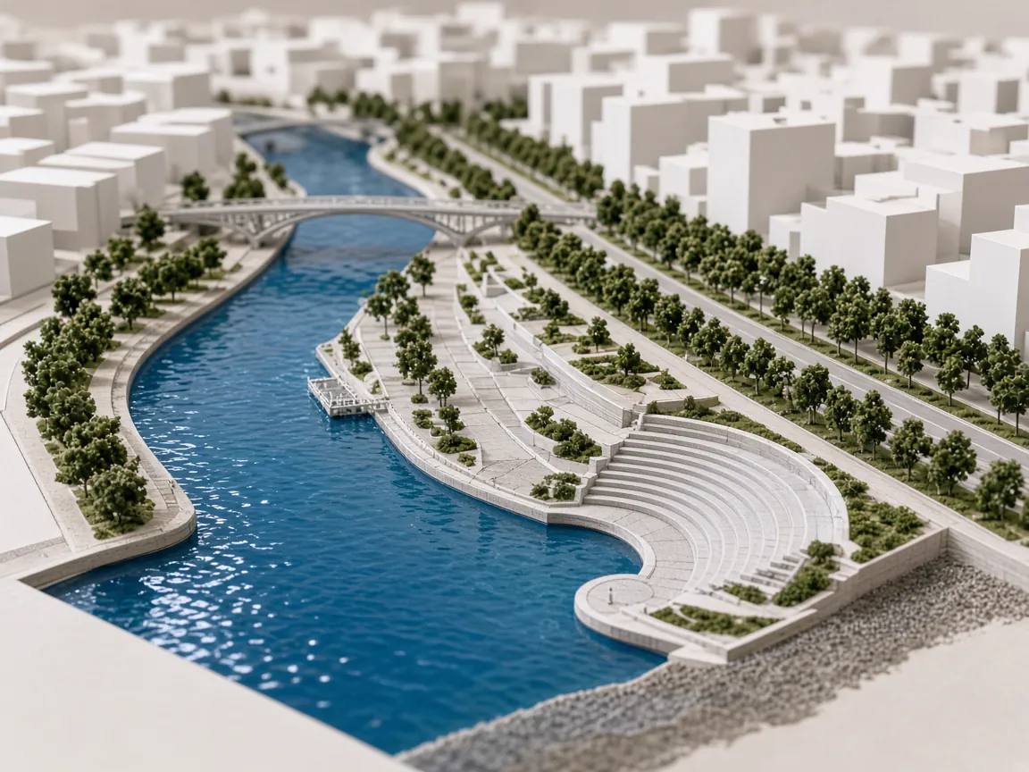 Urban riverfront model with promenade, amphitheatre steps, pedestrian bridge and tree-lined boulevard
