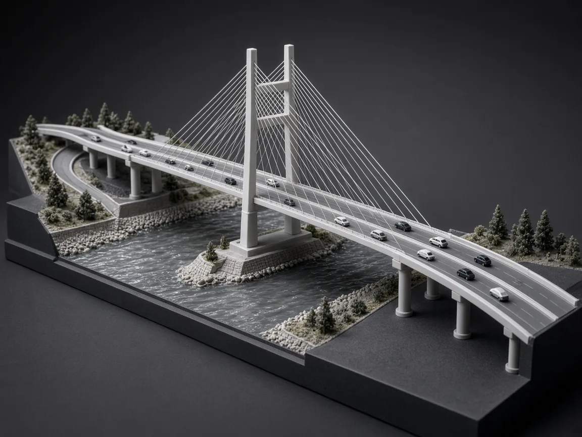 Engineering scale model of a cable-stayed bridge with highway and miniature vehicles