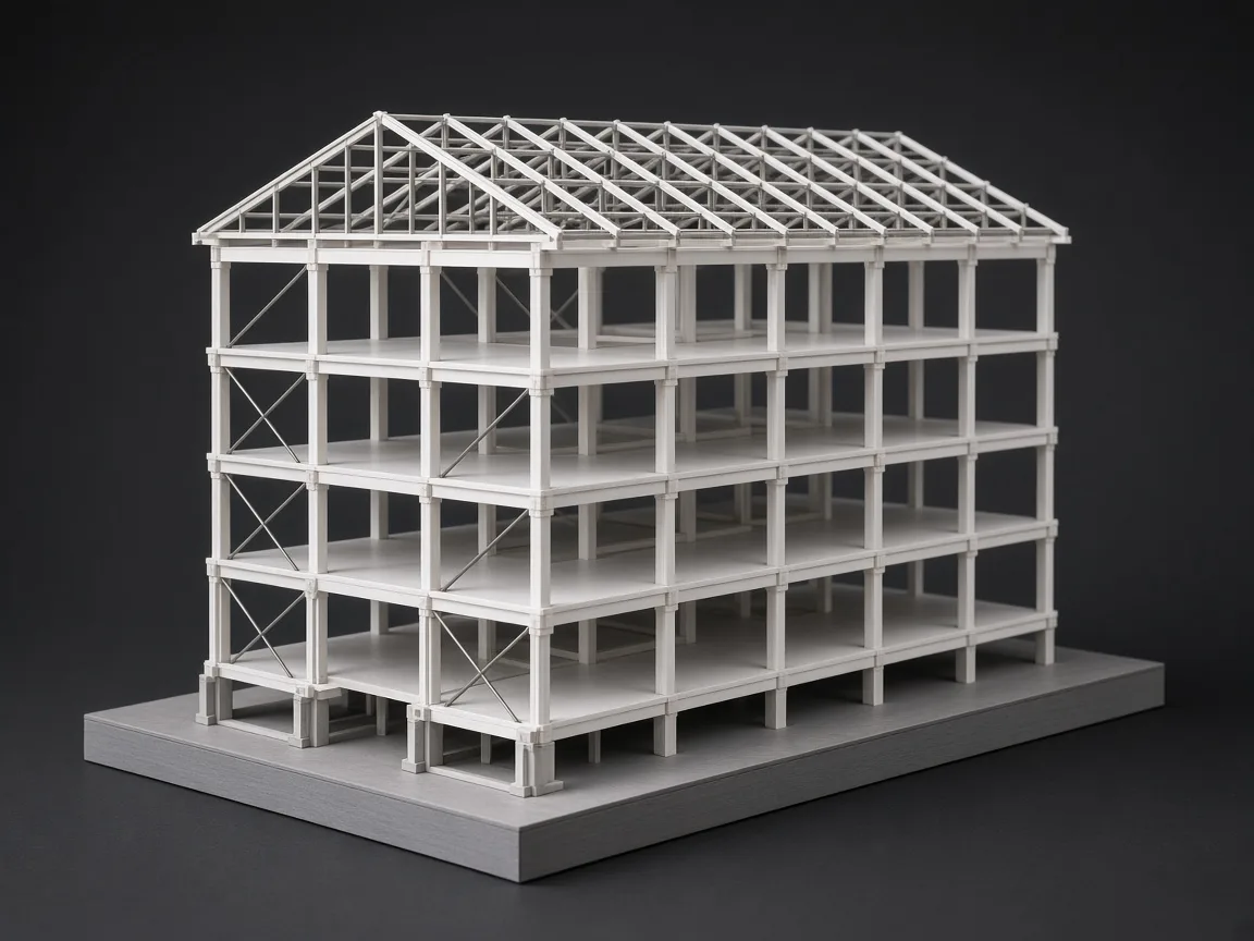 Structural scale model of a building frame with columns, beams and roof trusses