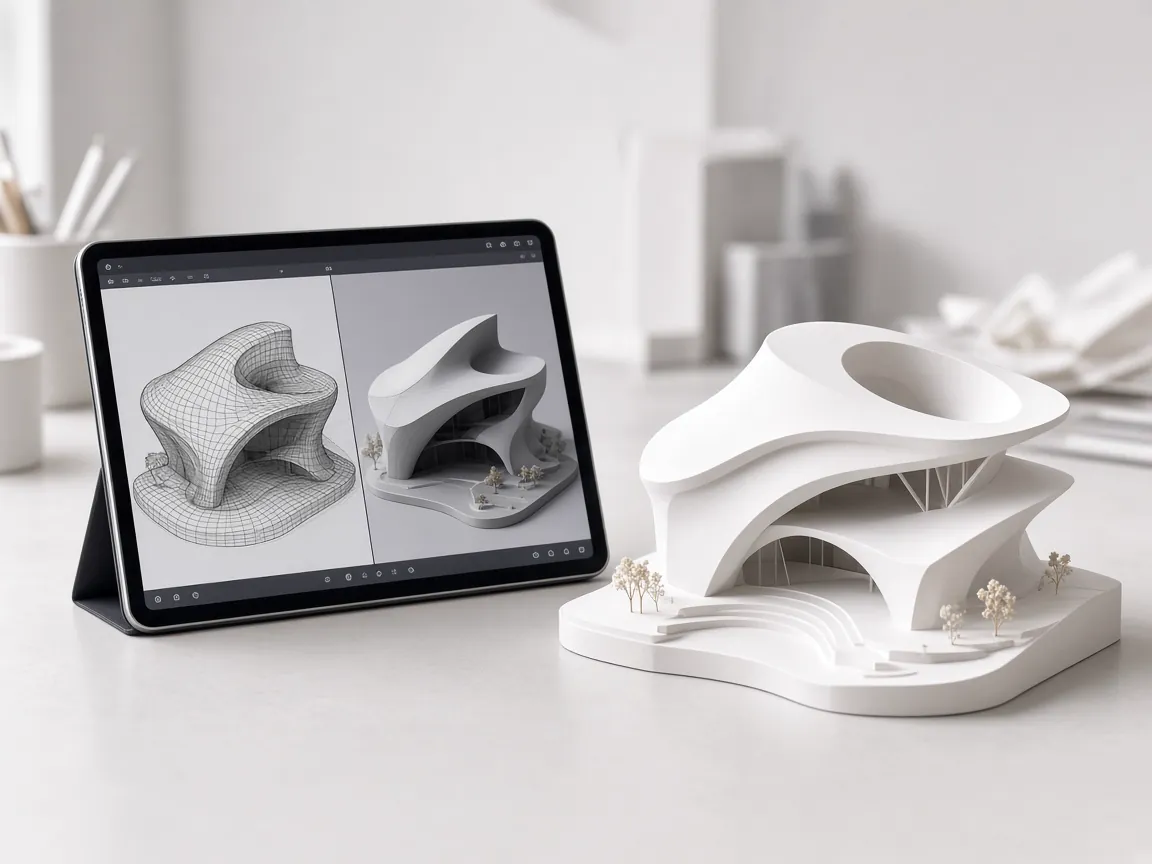 Tablet showing a 3D wireframe of a sculptural building next to its white physical concept model