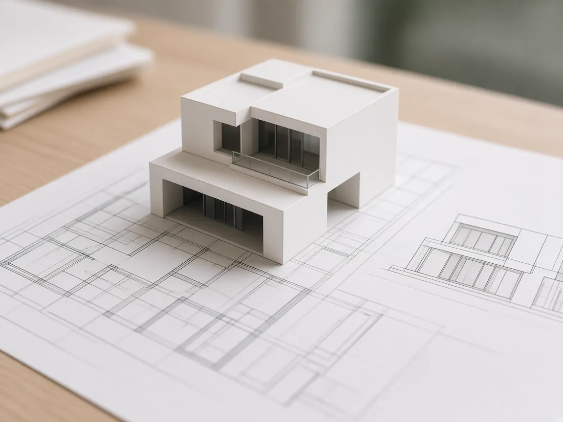 White scale model of a modern house standing on its printed floor plan and elevation drawings