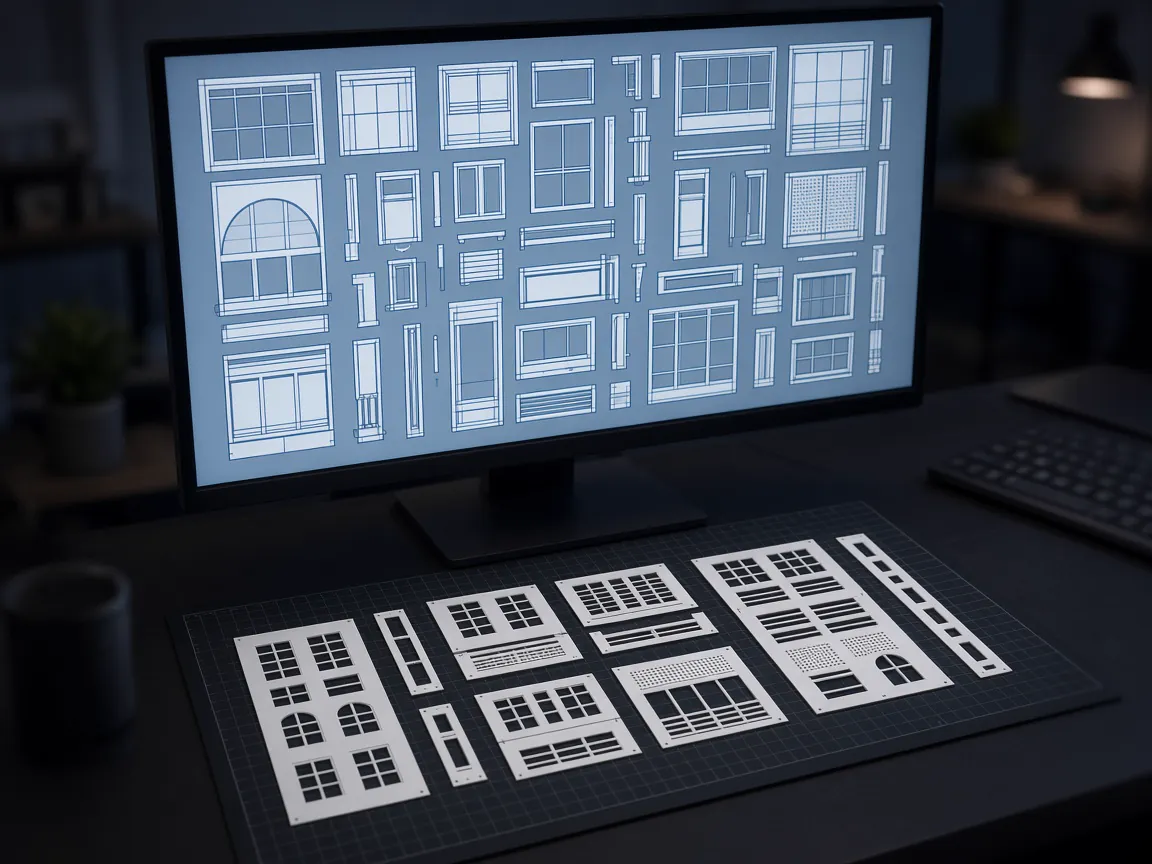 CAD layout of facade parts on a monitor with the matching laser-cut acrylic pieces on a cutting mat