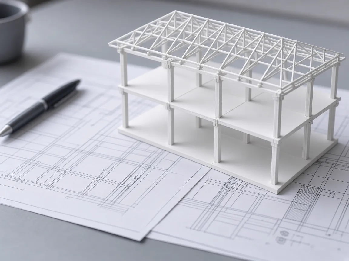 White structural frame model with columns, slabs and roof truss standing on structural drawings
