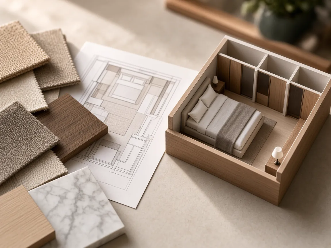 Interior fabric, timber and marble samples with a furniture plan and an open-top bedroom interior model