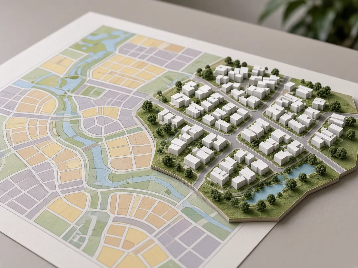 Colour township master plan drawing beside a master plan model with white blocks, roads and green space