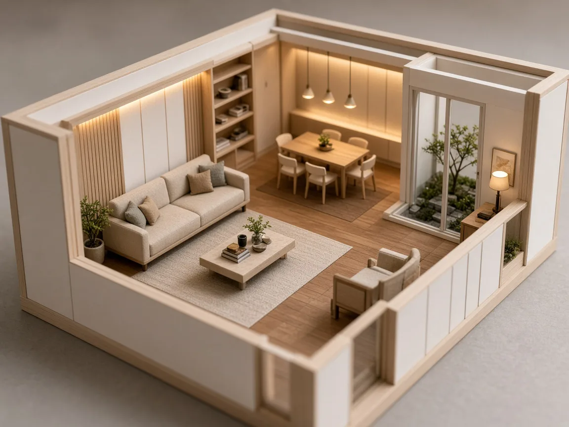 Miniature interior scale model of a living and dining room with furniture and lighting