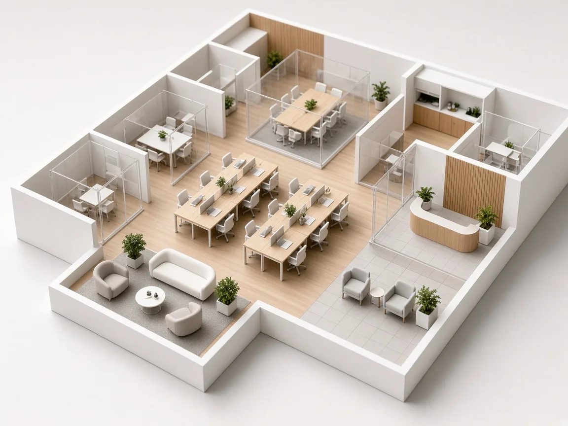 Office interior model with workstations and glass meeting rooms