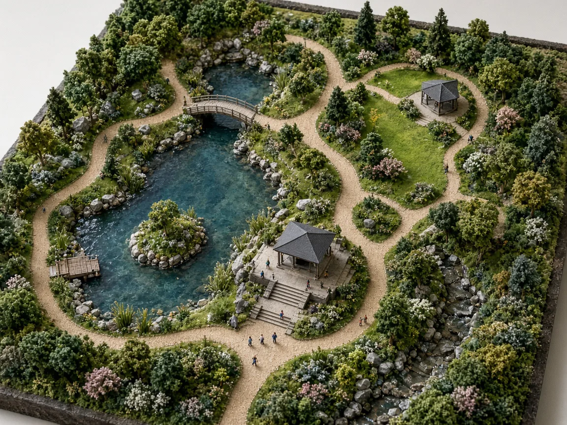 Landscape scale model of a park with pond, bridge, pavilions and winding paths