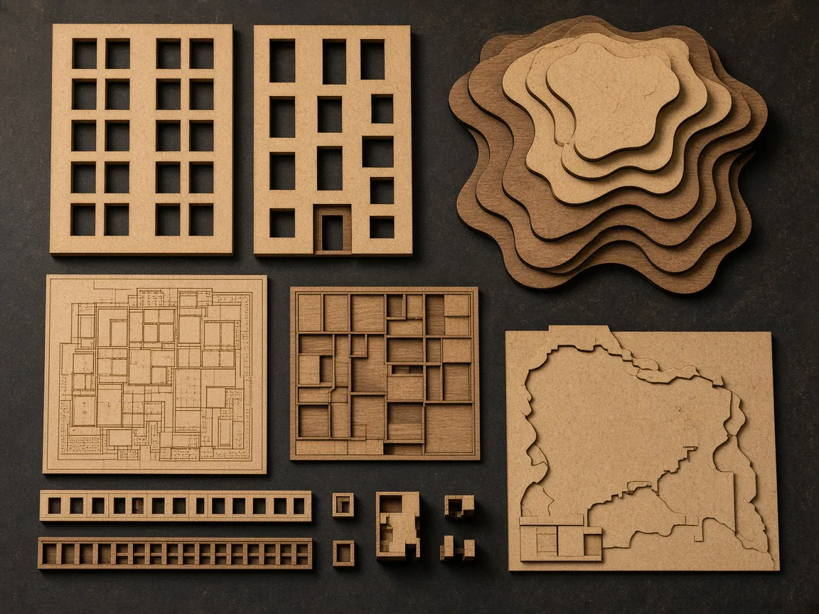 Laser-cut MDF facade panels, engraved plans and contour layers