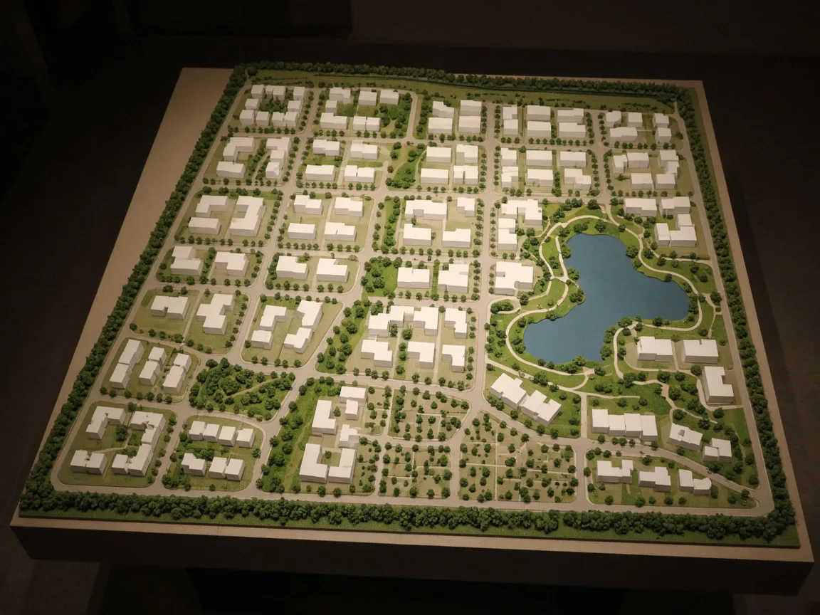 Township master plan model showing building blocks, road grid, green zones and a lake