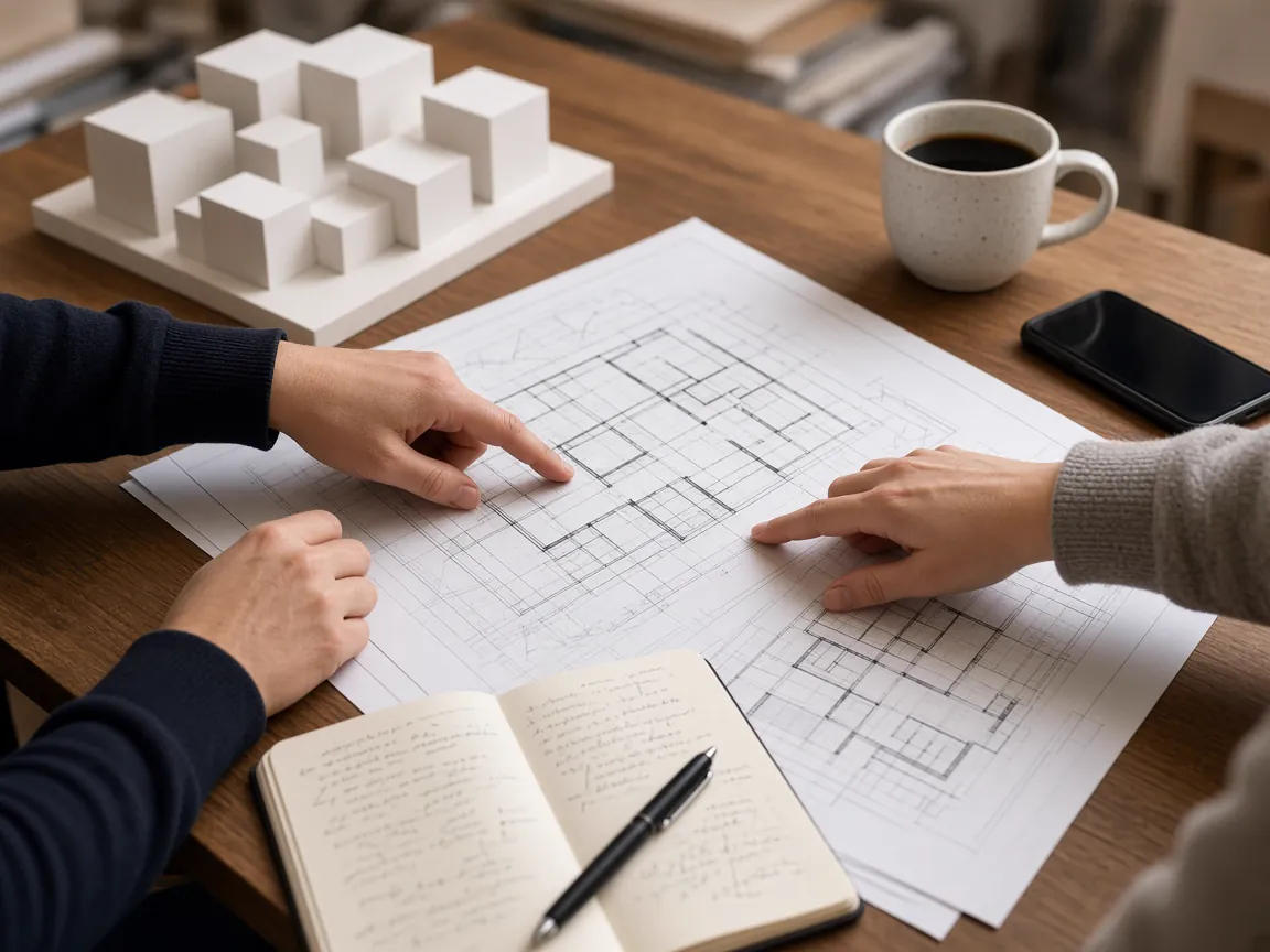 Two people discussing printed floor plans beside a white massing model during a project brief