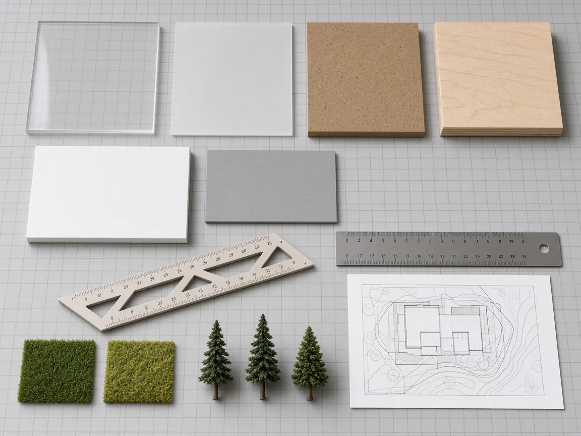 Acrylic, MDF, plywood, foam board and card samples laid out with scale rulers, scale trees and a plan