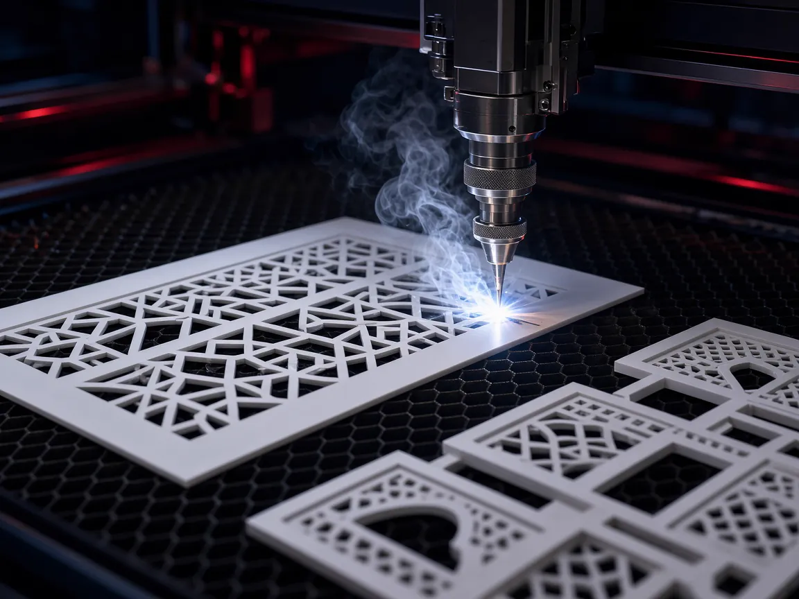 Laser cutter head cutting an intricate facade pattern into a white acrylic sheet