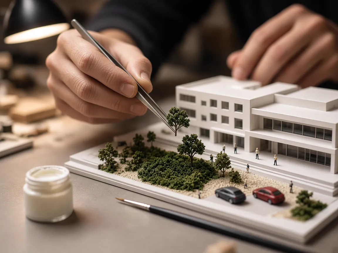 Model maker placing a miniature tree with tweezers on a white building model with figures and cars