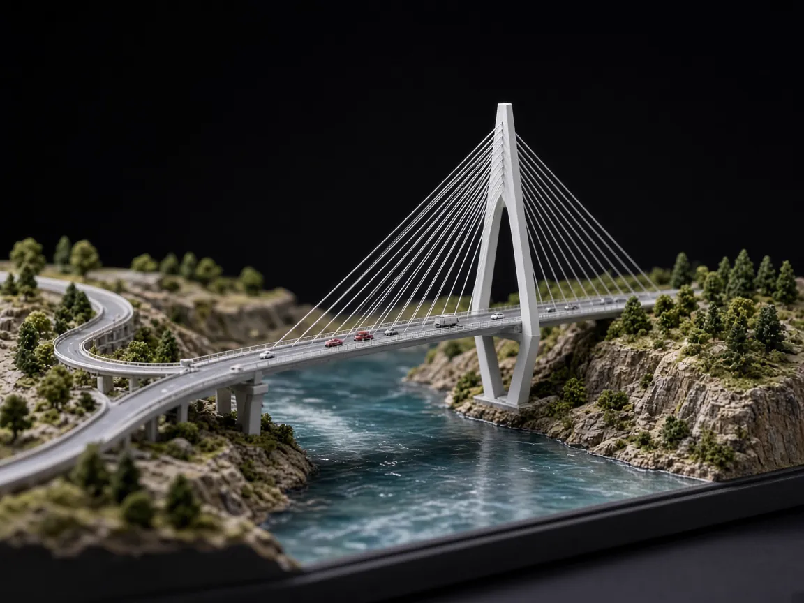 Engineering scale model of a cable-stayed bridge with pylon, stay cables, highway approaches and river