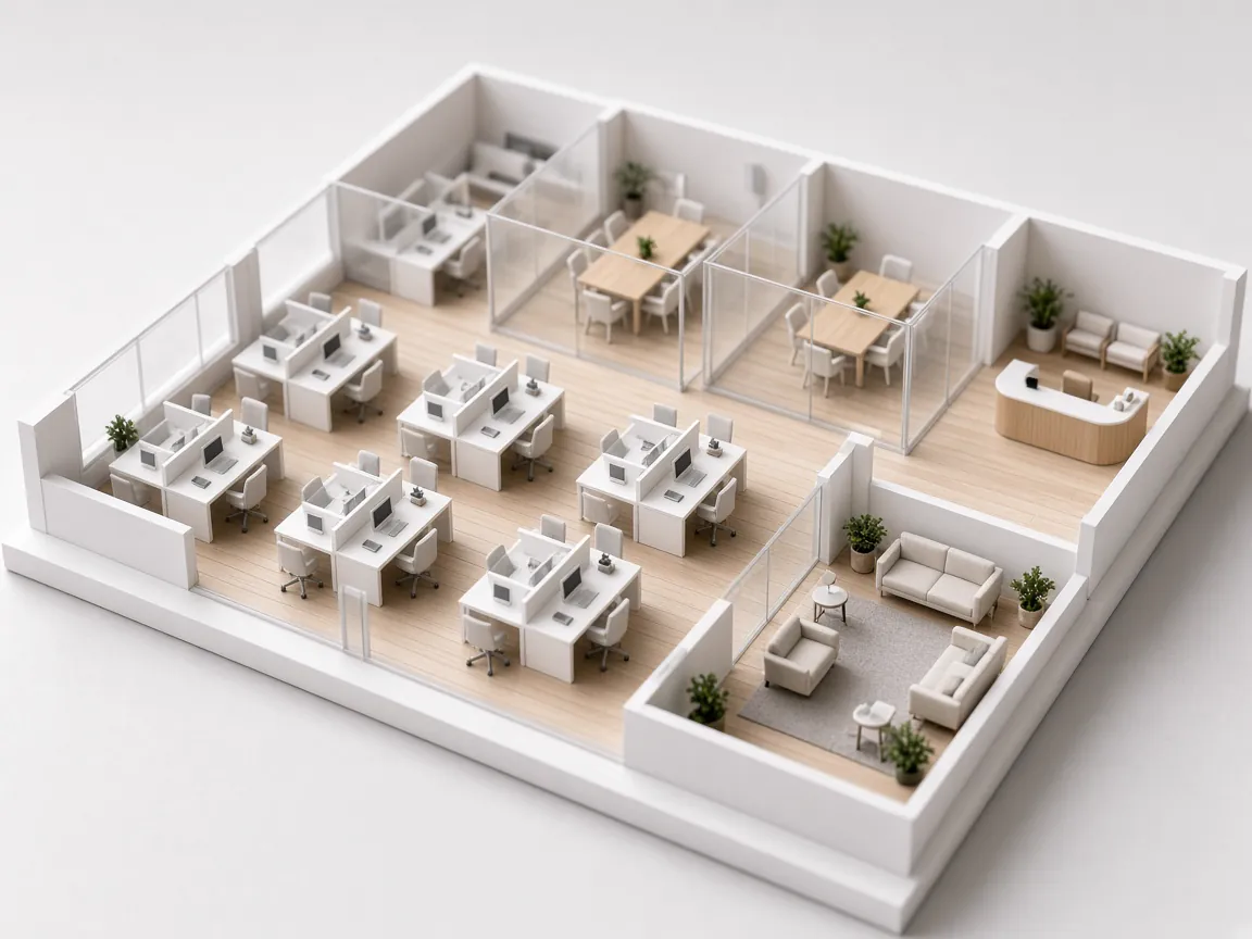 Office floor interior model with workstations, glass meeting rooms, reception and lounge