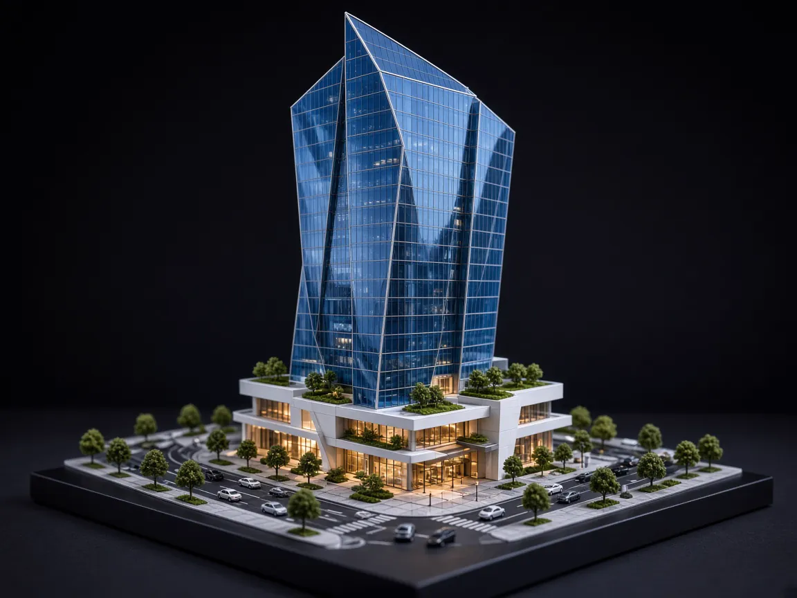 Commercial office tower scale model with tinted acrylic curtain wall, podium, roads and miniature cars