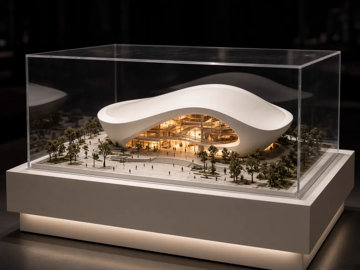Illuminated exhibition model of a cultural centre with an oval roof inside an acrylic case in an exhibition hall