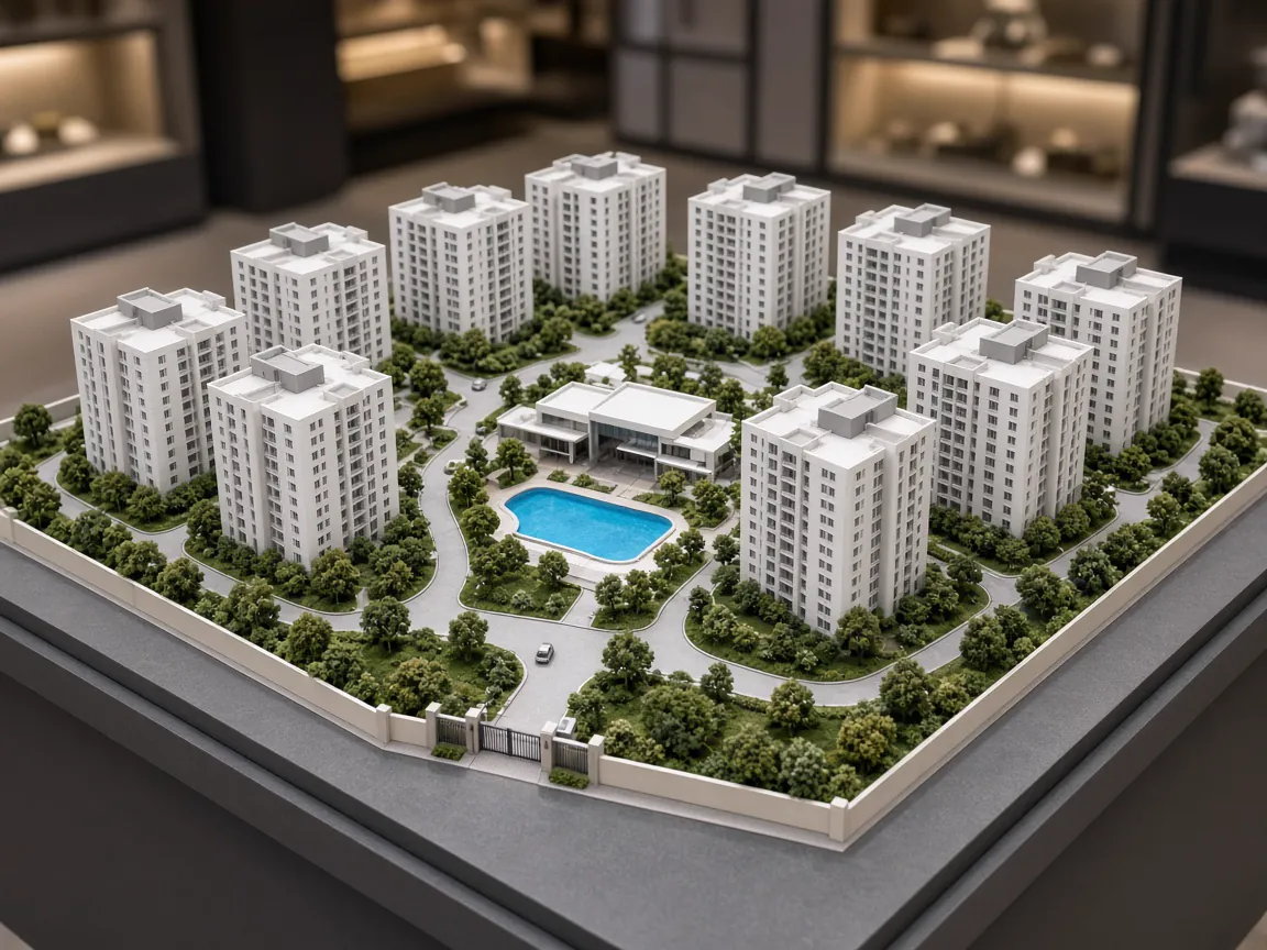 Real estate township model with twelve white apartment towers, clubhouse, swimming pool and landscaped internal roads
