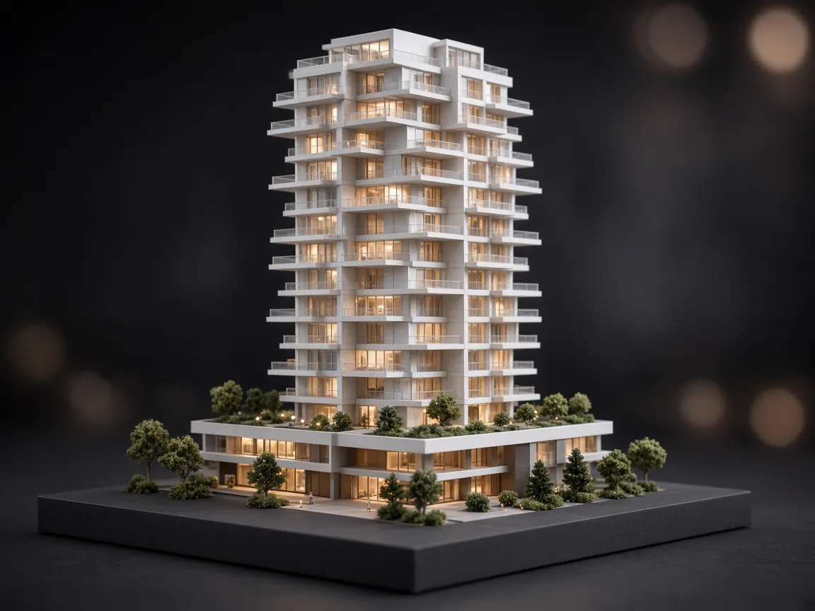 White architectural scale model of a high-rise residential tower with podium blocks, warm interior lighting and scale trees
