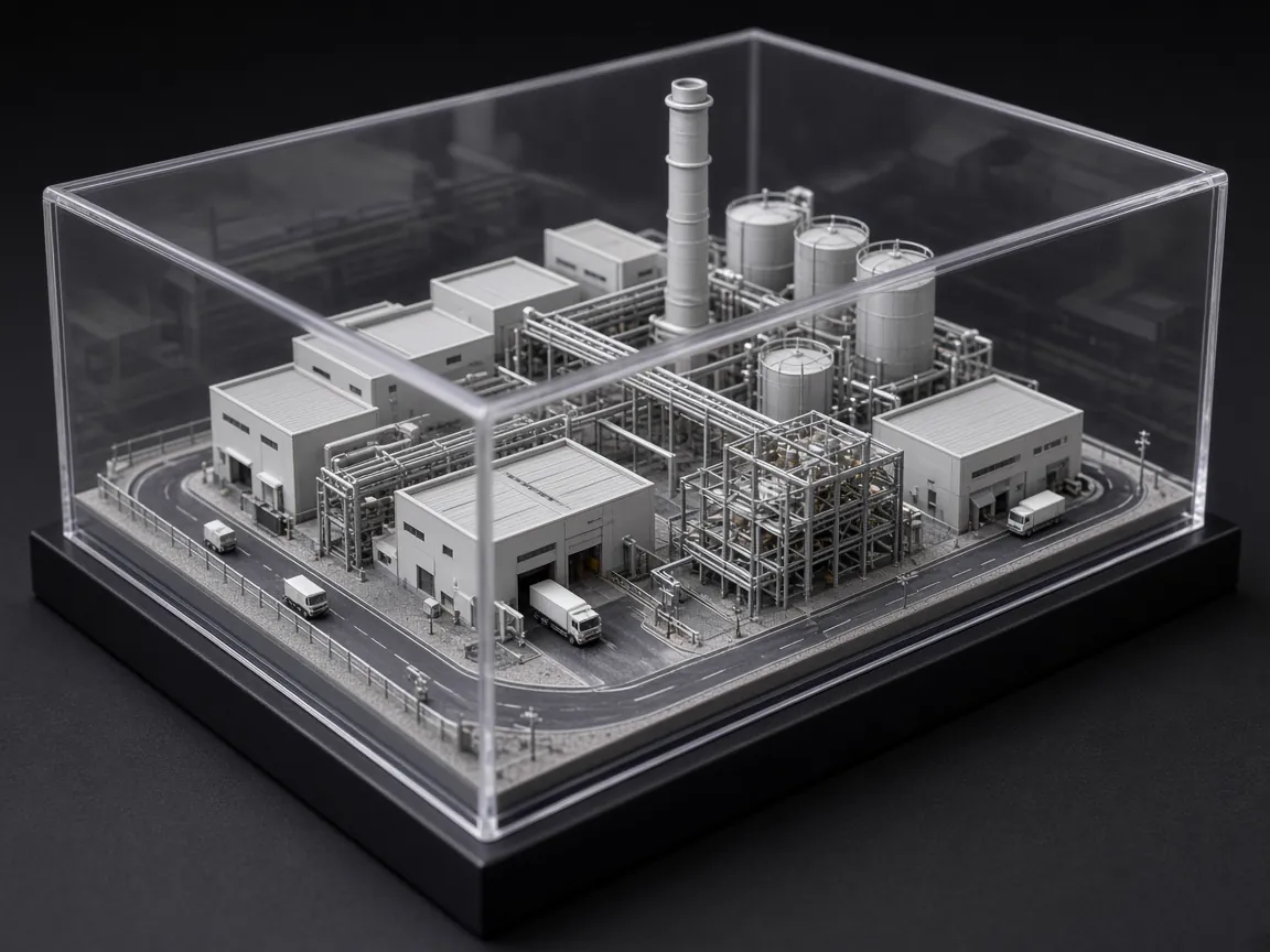 Industrial plant model with sheds, tanks, pipe racks and trucks under an acrylic cover