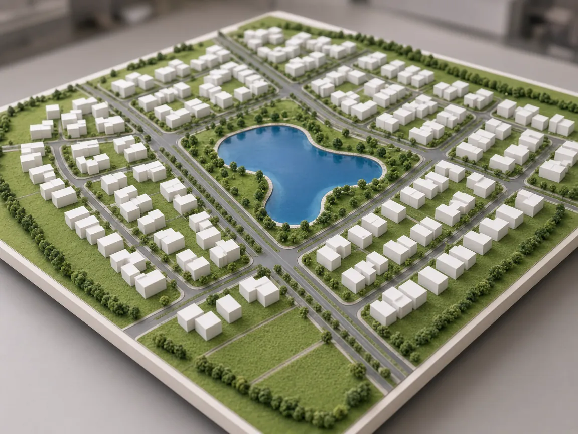 Township master plan model with white building massing, road grid, green zones and a central lake
