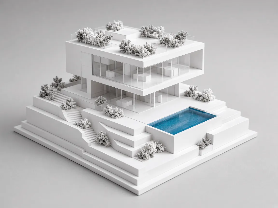 White scale model of a luxury modern villa with cantilevered upper floor, acrylic glazing and planted terraces
