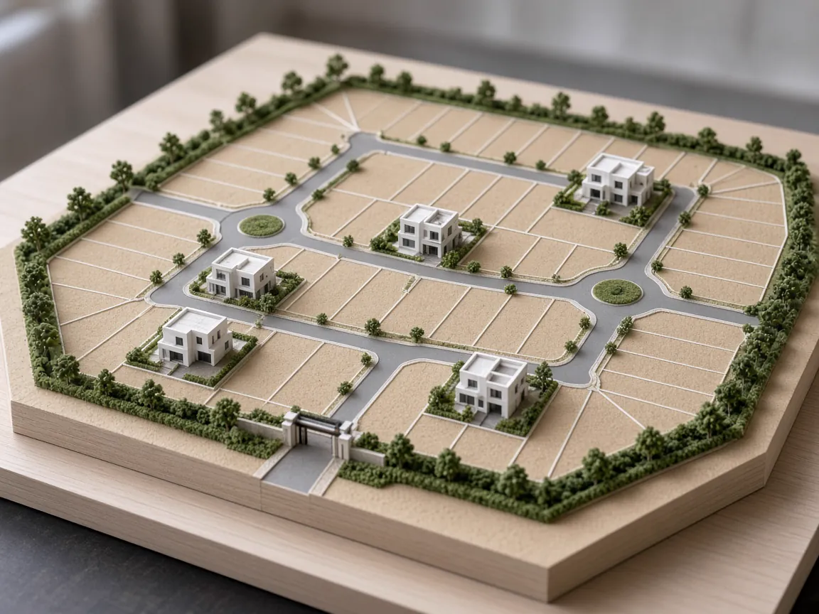 Plotted residential development site model with plot divisions, roads, roundabouts, sample villas and entry gate
