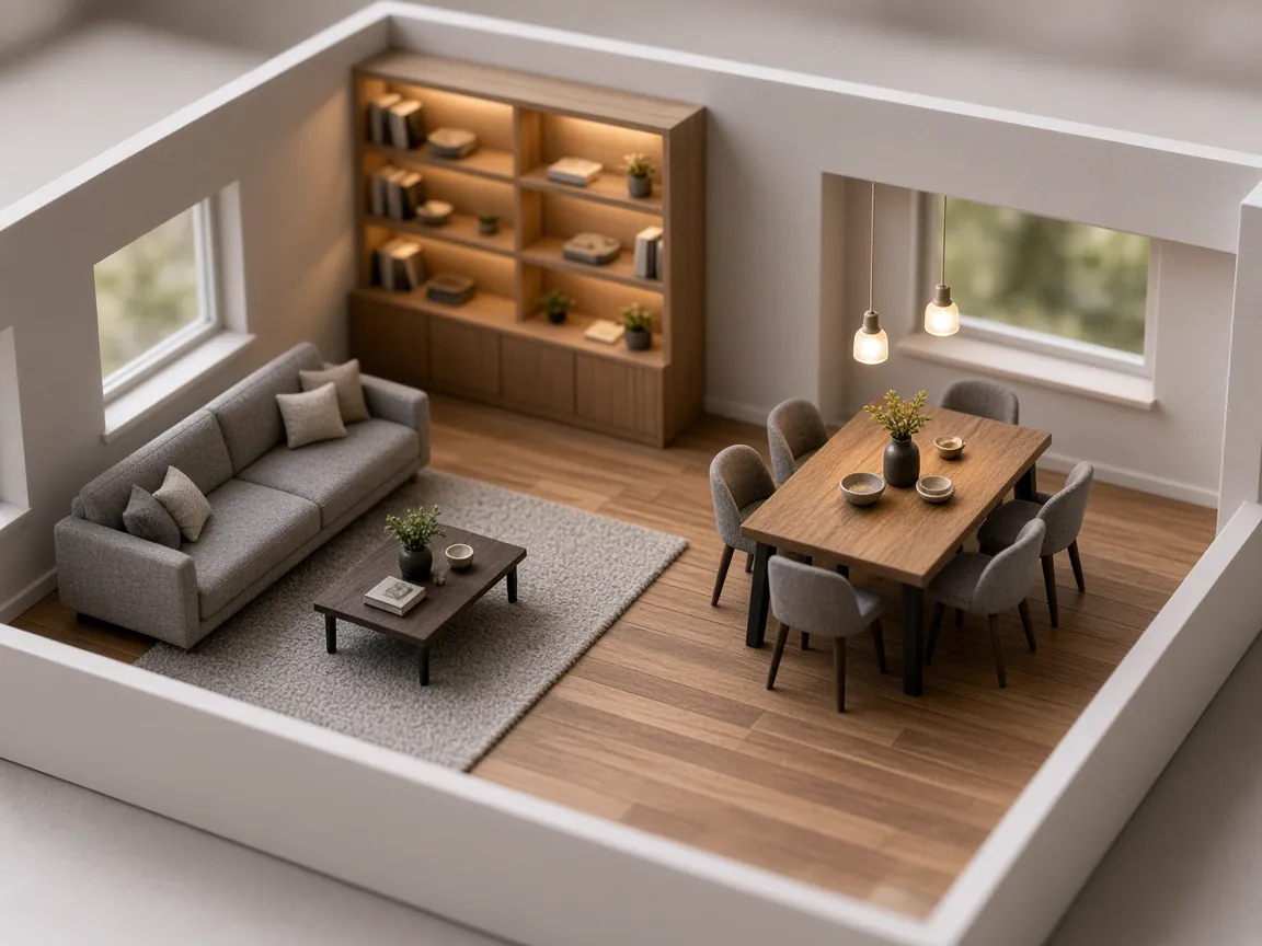 Open-top apartment interior model with sofa, dining set, shelving and pendant lights