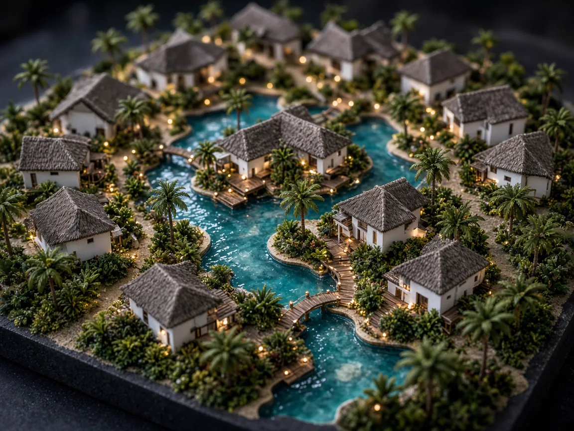 Resort landscape scale model with white villas, blue resin pools, palm trees and warm evening lighting