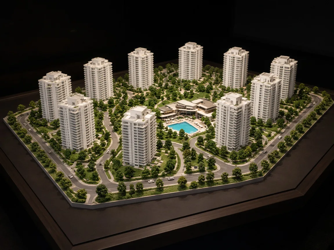 Residential township scale model with white apartment towers, clubhouse and swimming pool