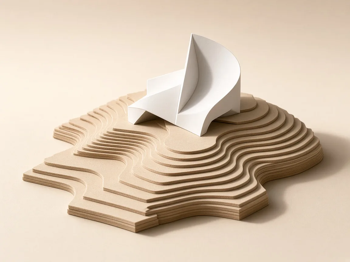 White sculptural concept model on layered contour terrain